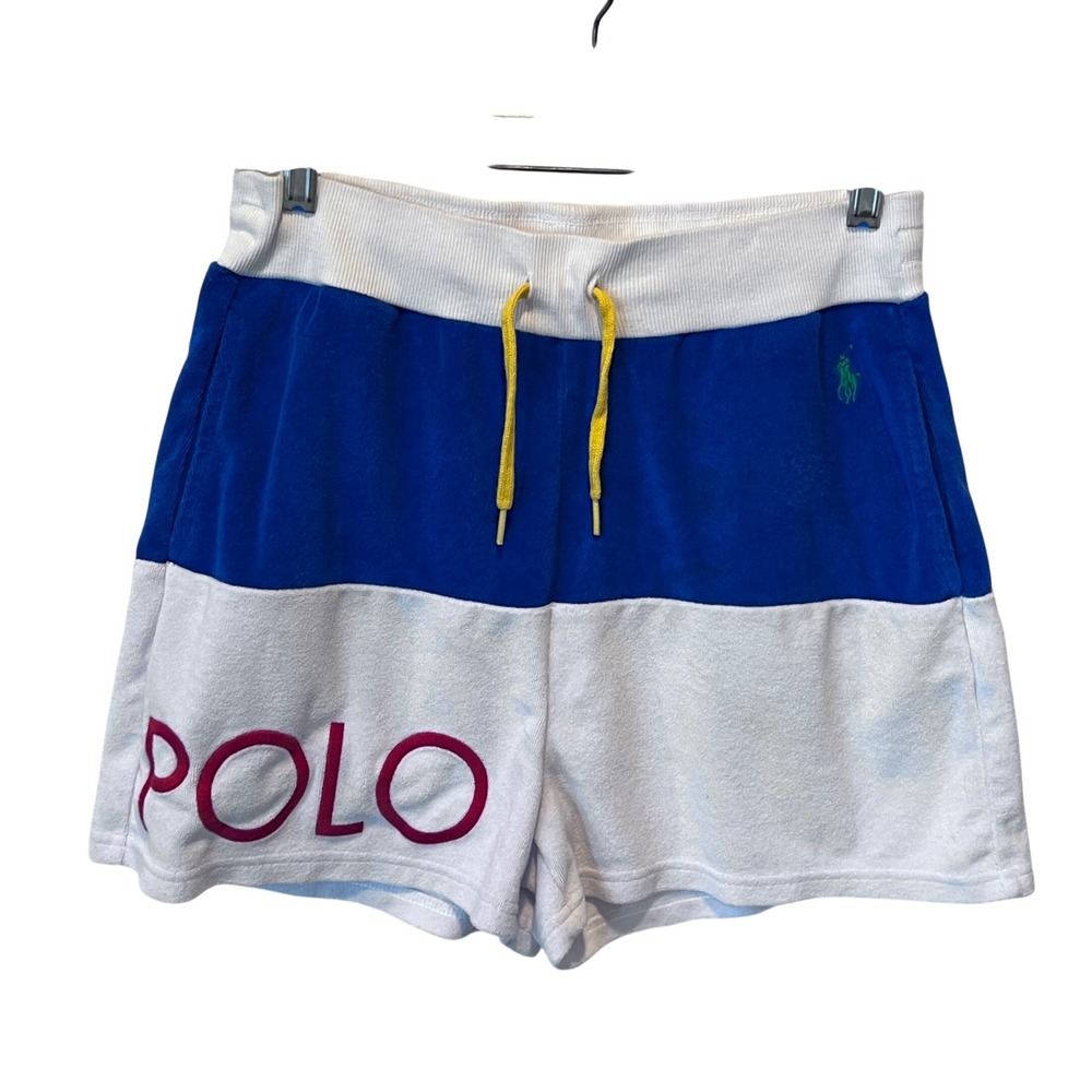 Polo Ralph Lauren Colorblock Terry Cloth Drawstring Shorts Blue White  Med READ